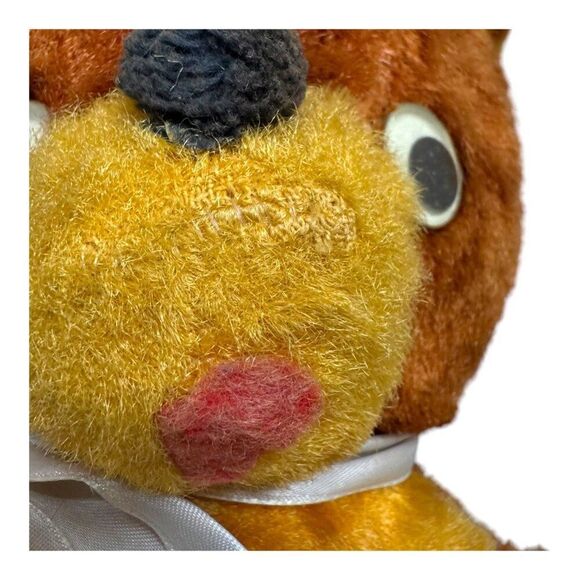 Vintage Unbranded Mohair Antique Brown & Yellow Plush Stuffed Bear Toy w/ Ribbon - Picture 6 of 7